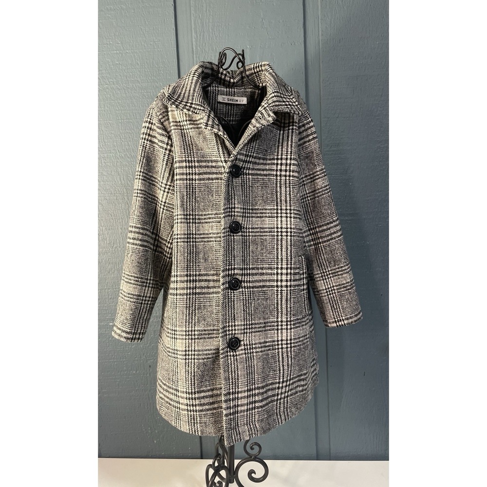SHEIN Girls' Stylish Plaid‎ Overcoat - Black & White Check Pattern